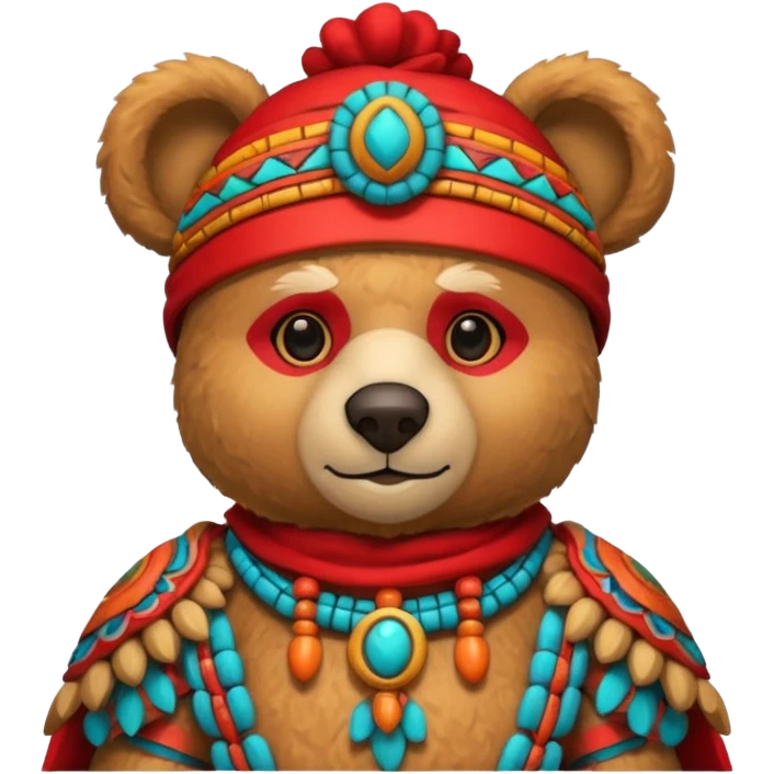 teddy bear Upper, wearing red mayan ancient custome, with carrot half body emoji
