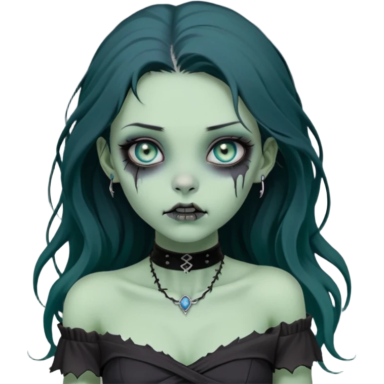 a soft, doll-like zombie girl with light sage green skin and big blue-green eyes, long black hair that swoops gently at the ends, a tiny silver nose stud and a delicate eyebrow piercing on the left side. she’s wearing an off-the-shoulder black top that shows her collarbones, emoji
