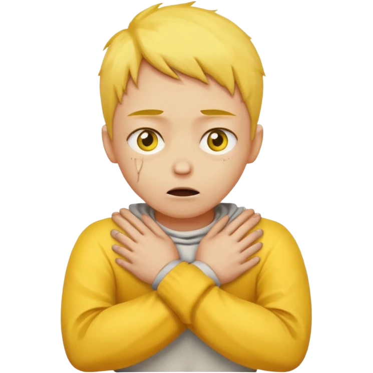 Yellow face emoji strangling itself with 2 arms crossed and hands saround neck and eyes looking up slightl emoji