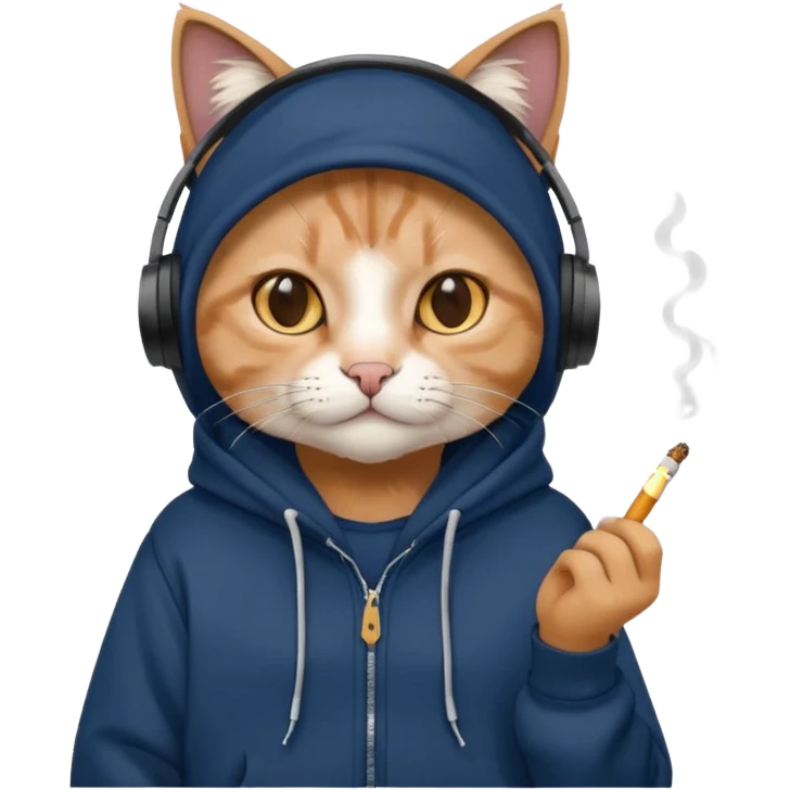 cat in headphones, in a dark-blue almost black oversized hoodie with a cigarette in his hand emoji
