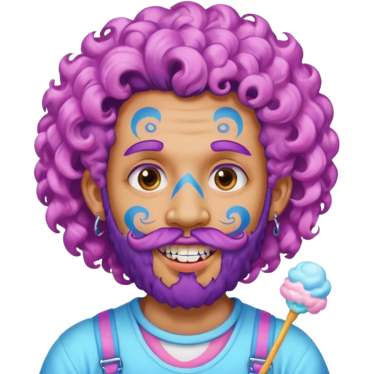 very colorful puffy violet curly haired man beard made out of cotton candy wearing teeth-braces and excessive face tattoos just face  emoji