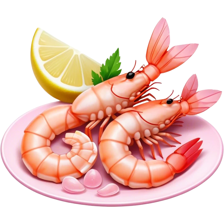 Cinematic glistening shrimp, pink and juicy, slightly curled with a light char, served with lemon wedges, ultra-detailed and fresh, warm glowing background. emoji