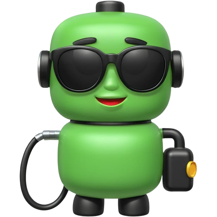 A cute 3D icon of a green gas pump character wearing oversized black sunglasses. Round and chubby proportions, glossy toy-like texture, soft pastel lighting, friendly expression, smooth edges, high-quality render, isolated on a transparent background. emoji