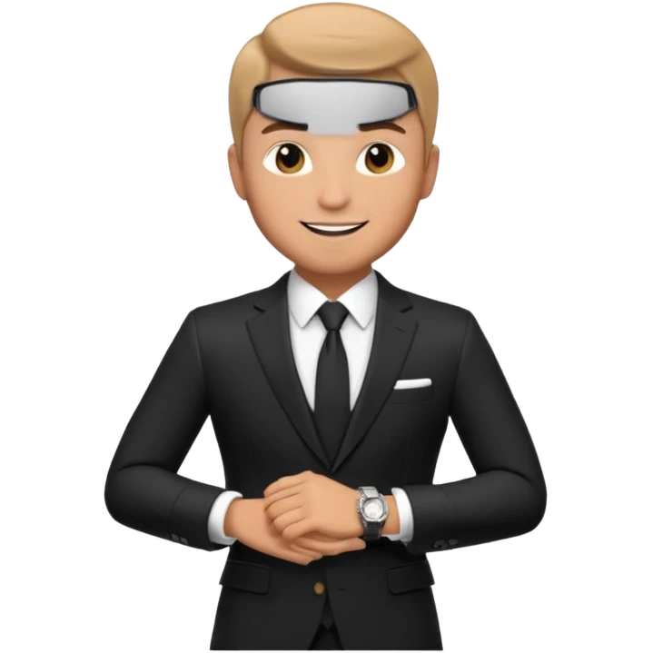 handsome male memoji, wearing a tailored black suit, luxury watch, confident smile, charismatic businessman vibe emoji