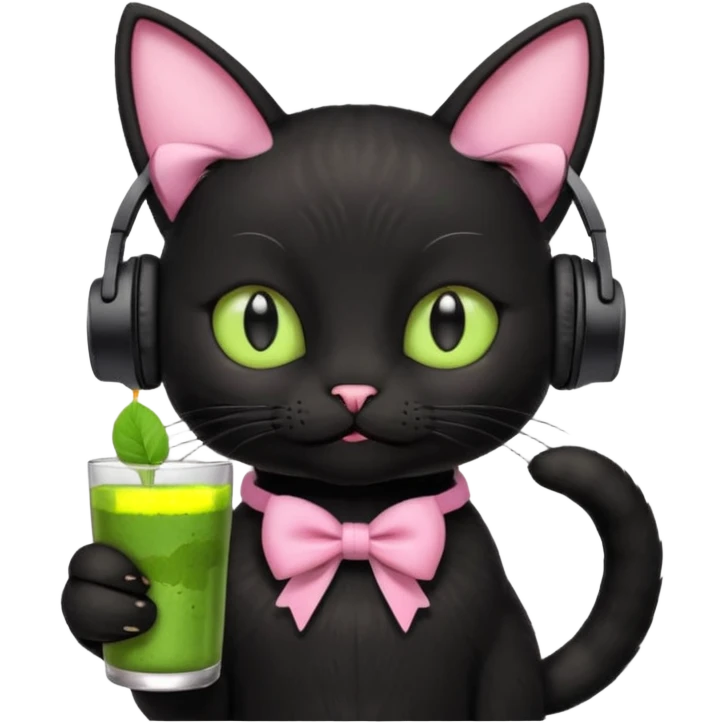 A black cat wearing cute headphones with a glass of matcha, a pink bow on his ear emoji