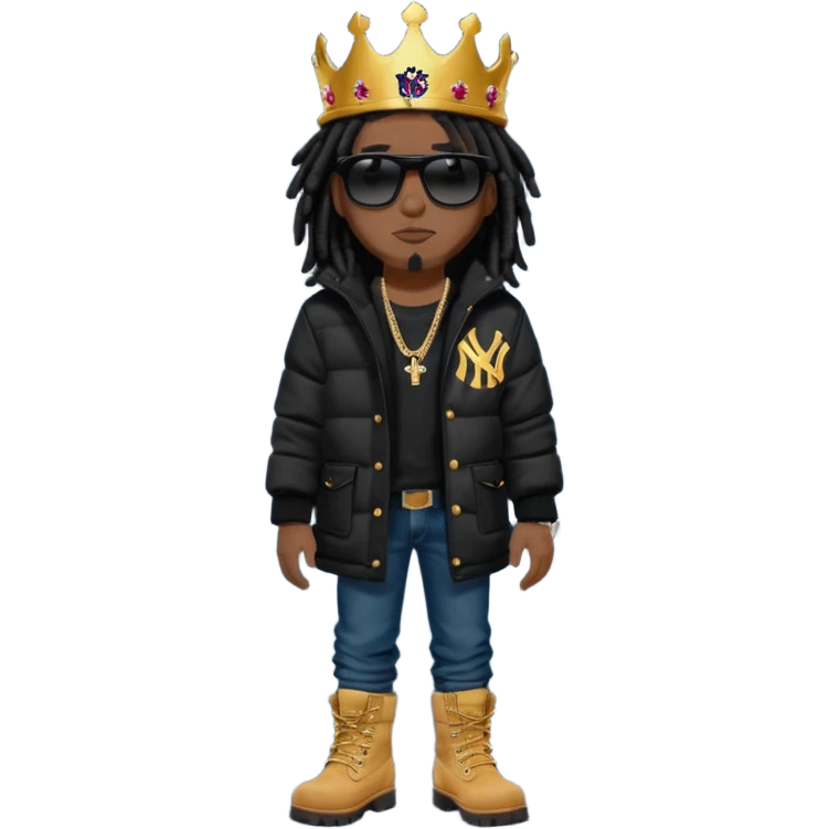 African American man with shoulder length black dreadlocks and black sunglasses wearing a black New York Yankees baseball hat wearing a black bubble winter coat with denim skinny jeans and timberland boots wearing a crown emoji