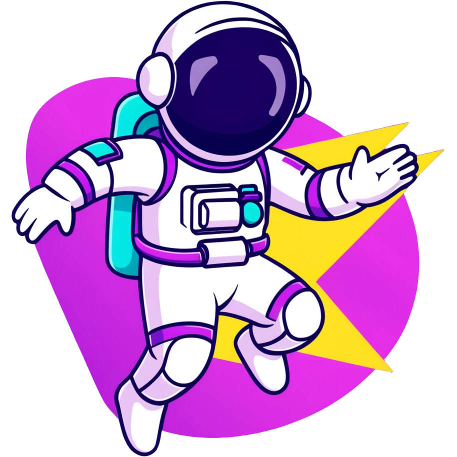 Stylized futuristic astronaut in mid-flight pose, sleek purple and neon teal suit, flat vector design, heroic silhouette, dynamic diagonal motion lines emoji