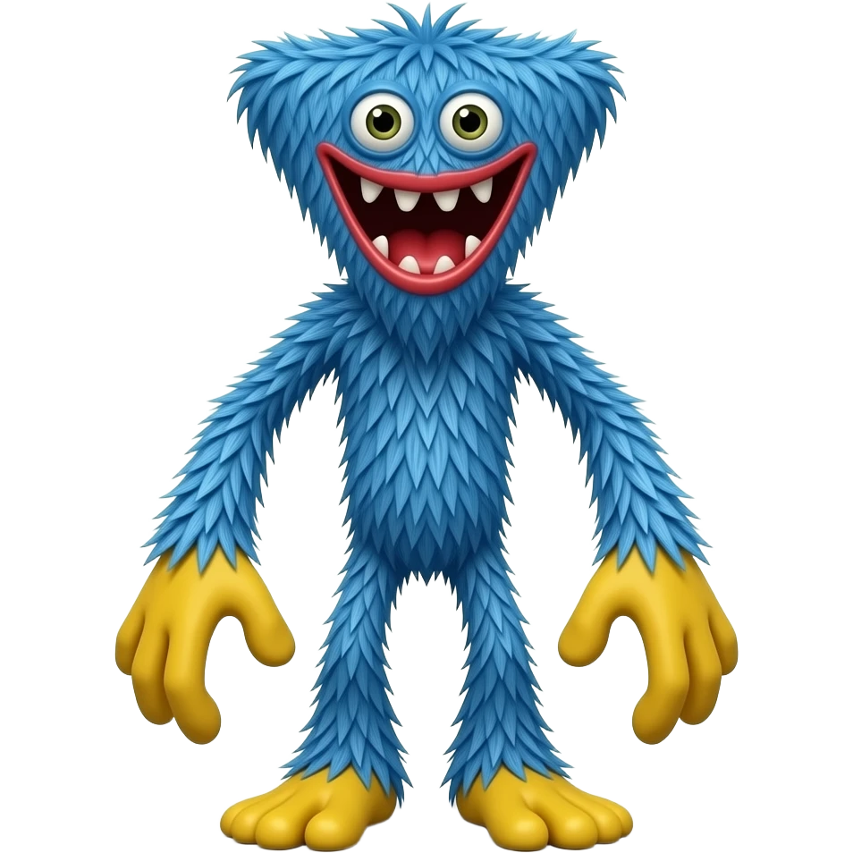 Monstro peludo azul, alto e magro,COM ROSTO TRIANGULAR INVERTIDO INVERTIDO , olhos grandes, lábios vermelhos e dentes afiados. Tem mãos e pés grandes amarelos, membros longos, torso visível, pelos azuis desgrenhados em estilo cartoon e expressão assustadoramente divertida. Não tem chifres emoji