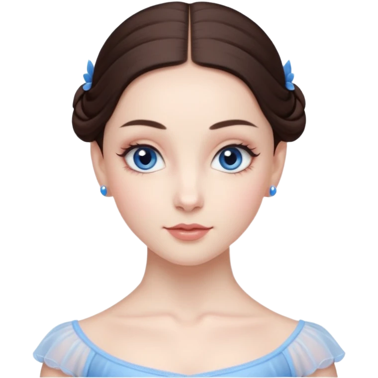 Realistic Ballerina Portrait, with porcelain-like skin featuring a natural rosy flush, illuminated by soft lighting that highlights the gentle contours of her face. Her Brunette hair flows in soft.Her deep blue eyes radiate framed by arched brows and long lashes. emoji