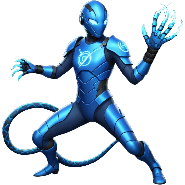 NIGHTCOIL: Dark flexible suit with electric-blue circuitry. Electrified whip crackling with energy. Lightweight armor, fingerless gloves, serpent insignia. Agile, playful, unpredictable. Mid-motion stance, whipping around enemies or structures. emoji