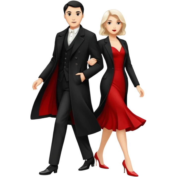 Ultra detailed realistic tango couple icon, black background, dramatic lighting, long black coat on man, white shirt and white shoes, red dress and white heels on woman, centered, minimal background, high contrast, 4K resolution, profile picture ready, sharp clean edges emoji