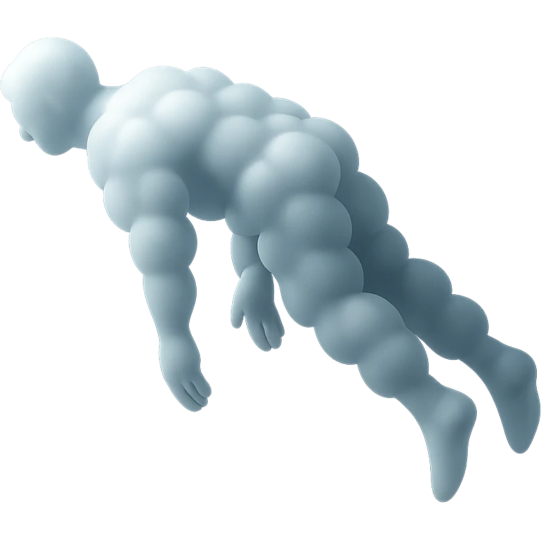 side view of unconscious person flying upwards by torso, legs and arms downwards, made of small very bright white fluffy convex clouds, matte glass style emoji