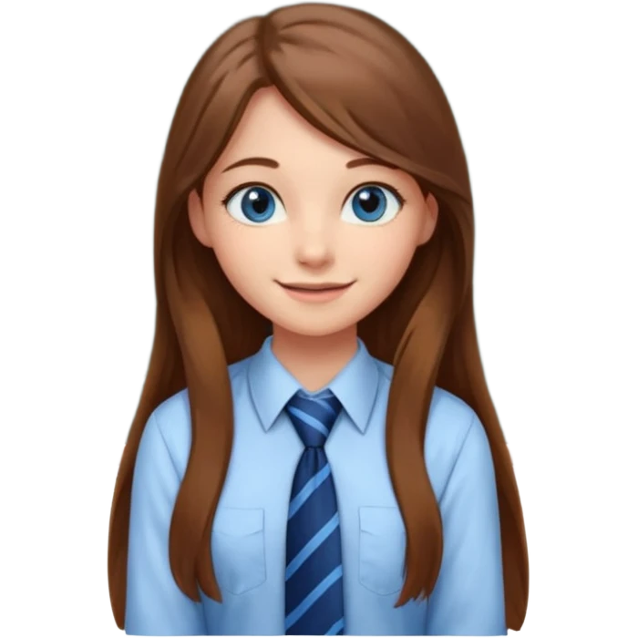 high school class room with a pretty female high school student with long brown hair, blue eyes, wearing a tie, sitting in front of the blackboard emoji