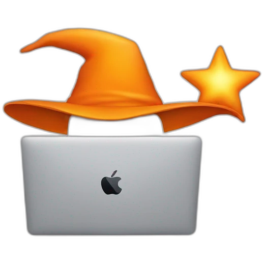 magician with a orange pointy magic hat with a star working on a macbook emoji