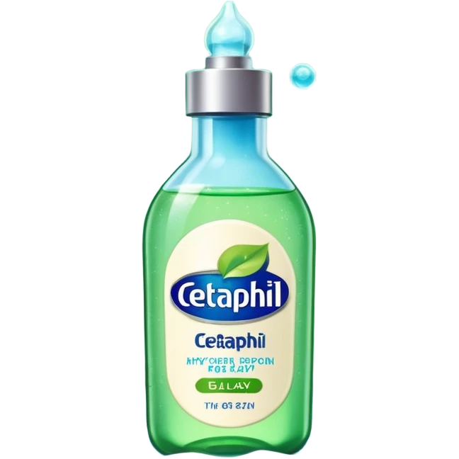 Cetaphil white bottle with light green flip cap and blue-green label, glowing softly. Surrounded by tiny light orbs and silky sparkles flowing like hydration waves. Feels like a gentle skin shield potion in a glossy, minimalist flask. emoji