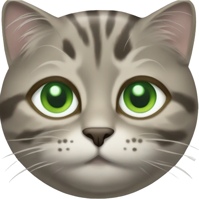 Brown-grey mackerel tabby cat with partially white face and green eyes emoji