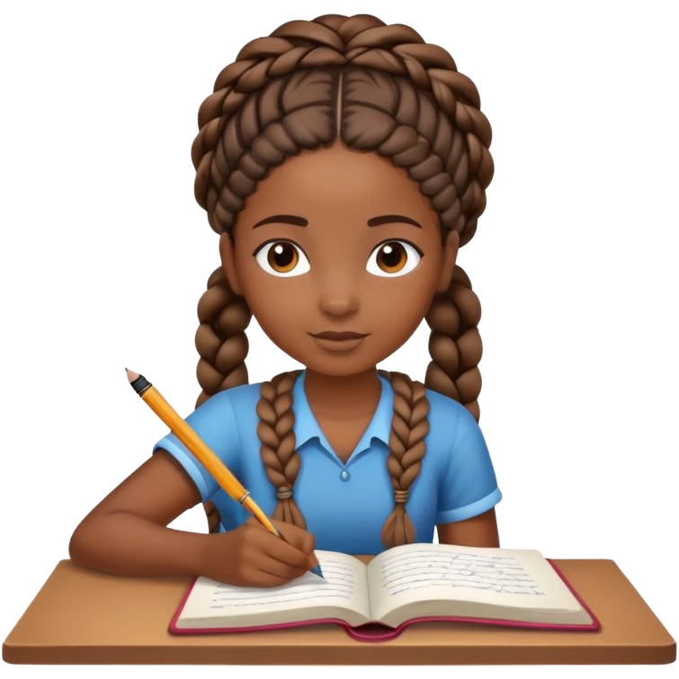African girl student with brown skin and braided hair writing with book and pen emoji