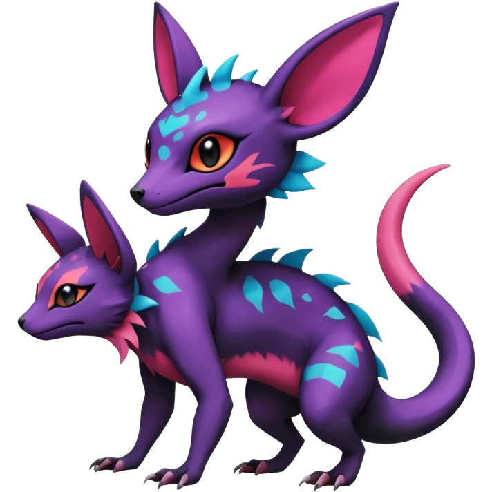 Rare epic aesthetic colorful Salandit-Noibat-Eevee-Genet-species-Fakemon-hybrid-creature, with markings, full body emoji