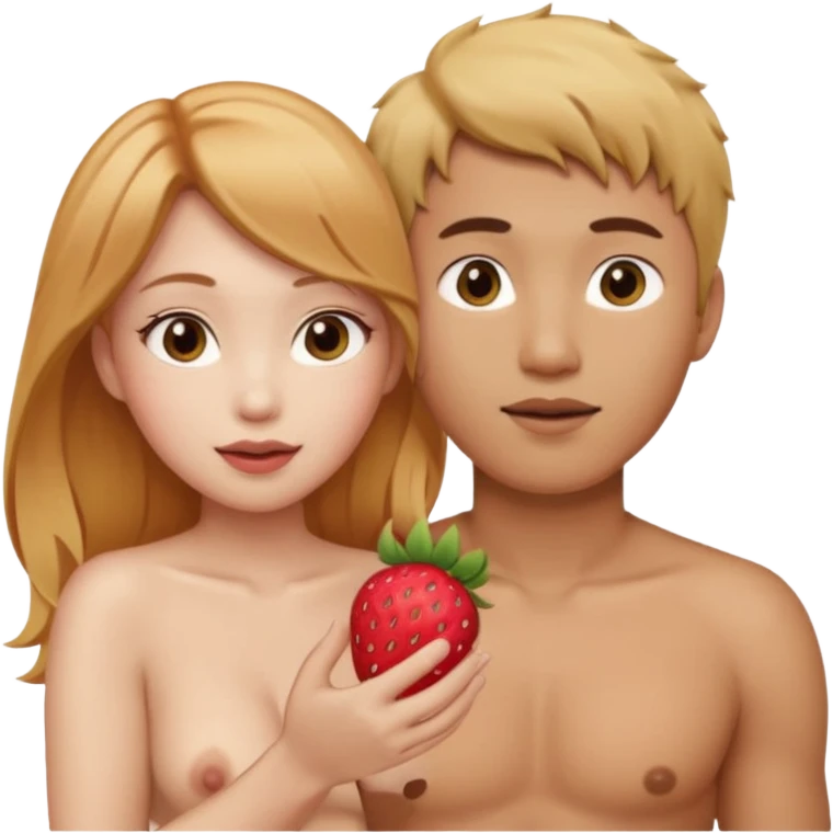 Nude light-skinned Skinned female with  strawberry-blonde hair is touching the penis of tan-skinned asian male emoji