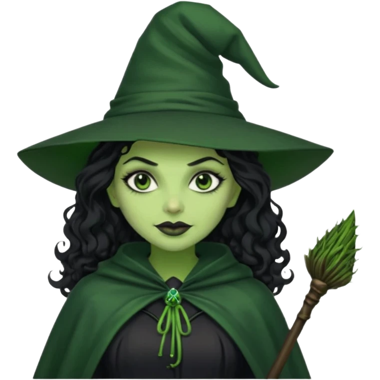 elphaba wicked witch with broom close up, evil dark curly long dark hair, green skin, thick green lips, cheekbones, smirk evil menacing cythia erivo dark aesthetic black hat cloak black broom emoji