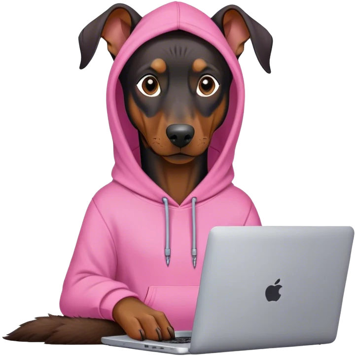Doberman pincher in a pink hoodie behind a laptop emoji