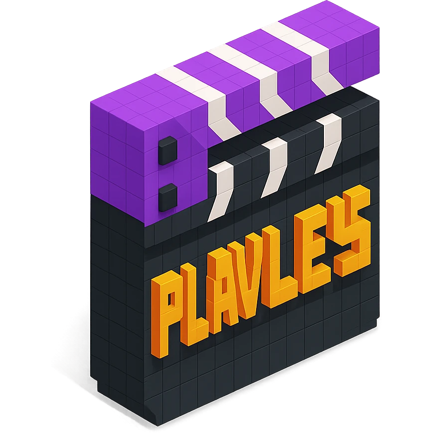 voxel style movie clapperboard with the text 'PLAVLEYS', purple lid, black body, isometric view emoji