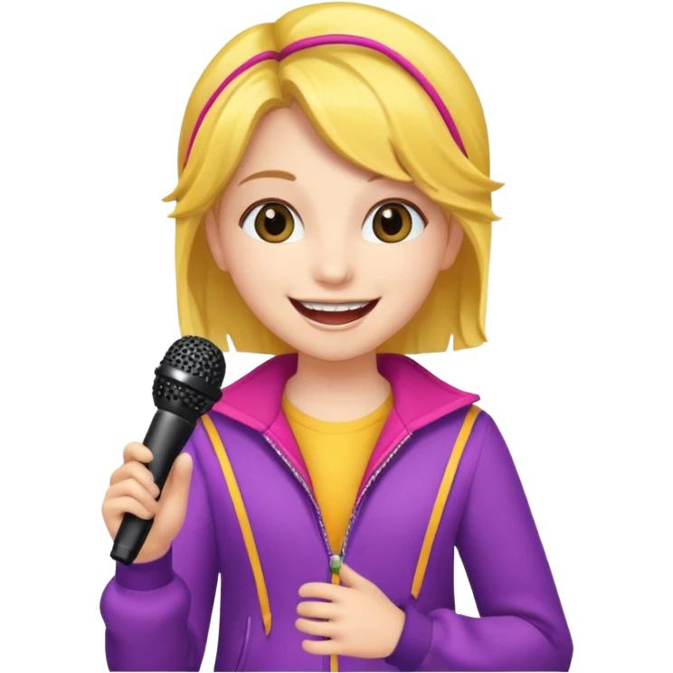 A cheerful teen singer with colorful outfit, performing with big smile. emoji