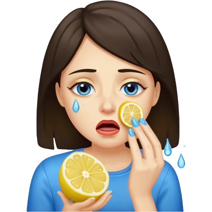 woman crying eating lemon. make tears blue color and brunette emoji