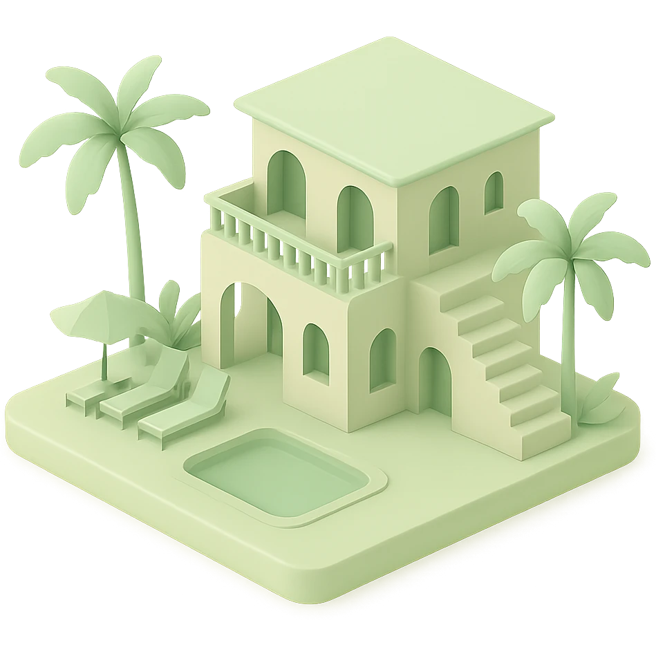tropical villa in 3D black style without black color, using soft green and beige tones emoji