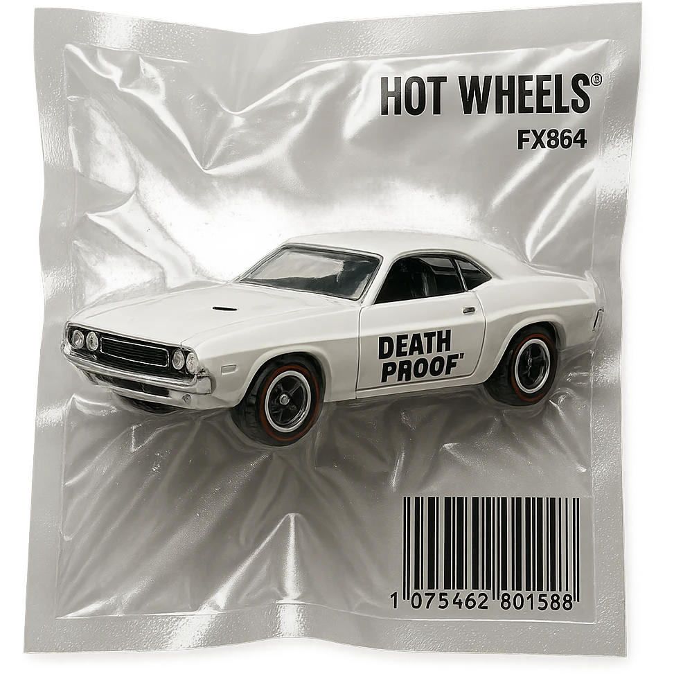 white 1971 Dodge Challenger Hot Wheels toy car, glossy, inspired by the movie 'Death Proof' emoji