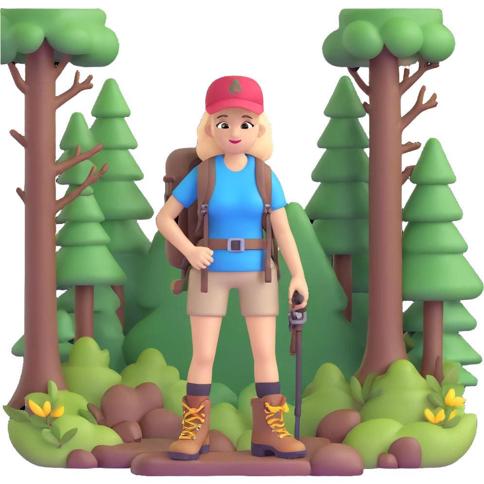 Outdoorsy woman with hiking boots and forest background, Melissa Backwoods emoji