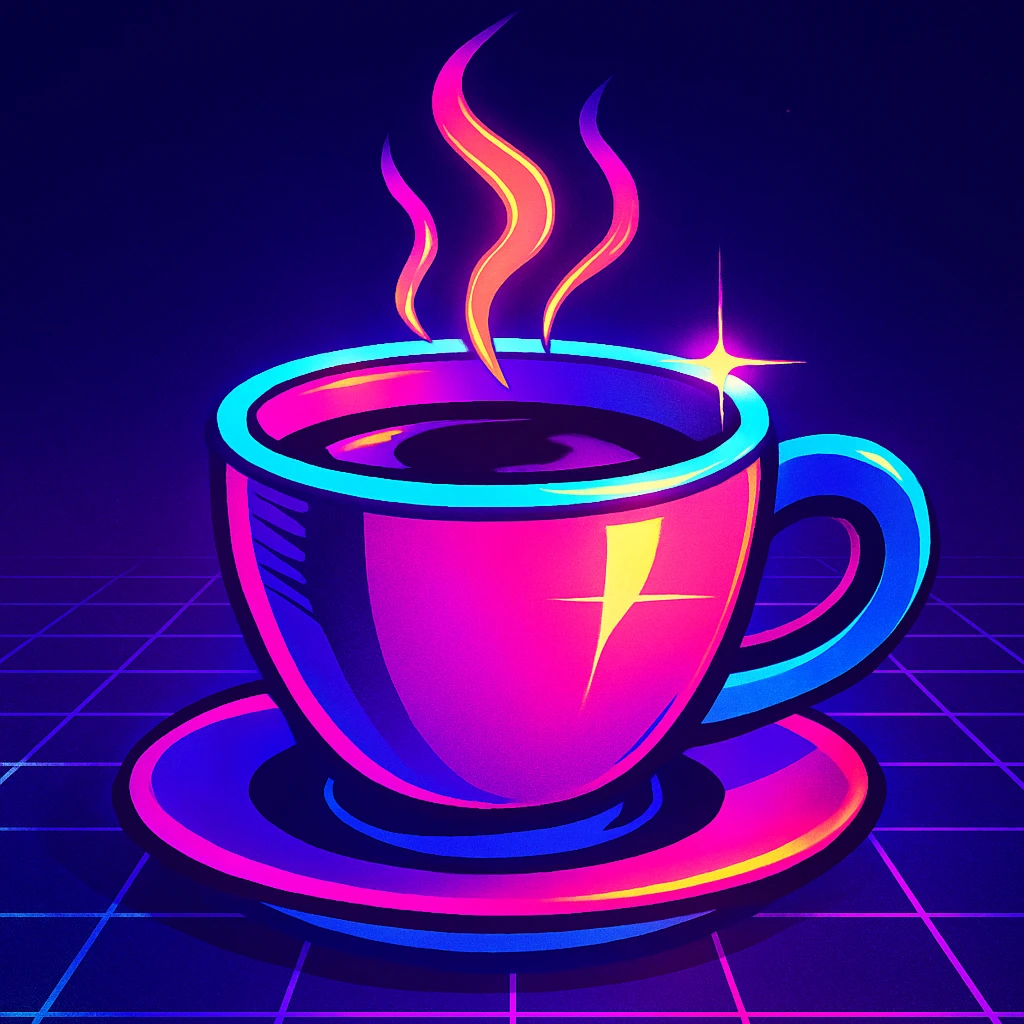 coffee cup in synthwave style, neon colors, retro 80s aesthetic, glowing accents emoji