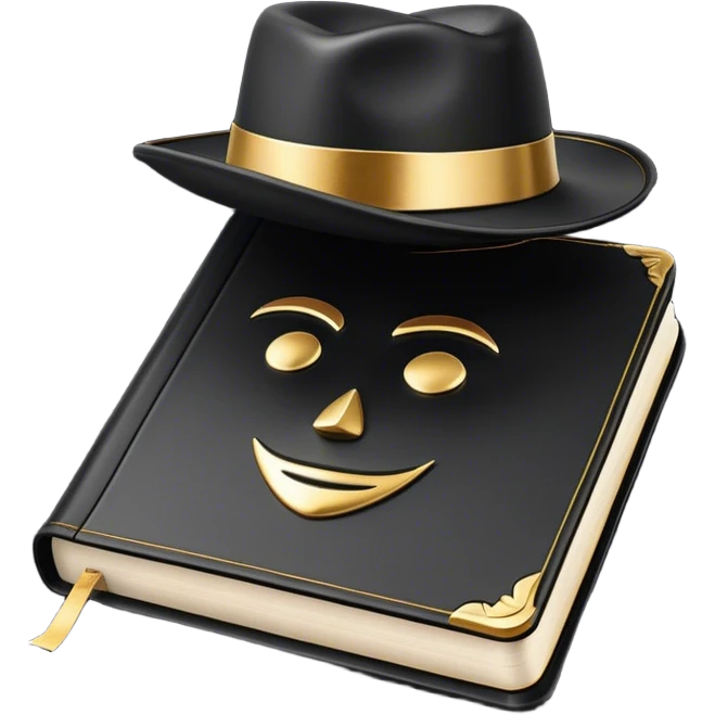 A sleek black book with gold accents, a polished leather texture, and an embossed symbol of a man tipping his hat, a deck of cards, or a golden key, radiating charisma, strategy, and the mastery of social dynamics. emoji