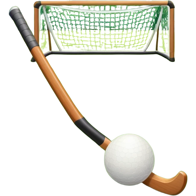 field hockey stick and ball on green grass field with goalposts in background emoji