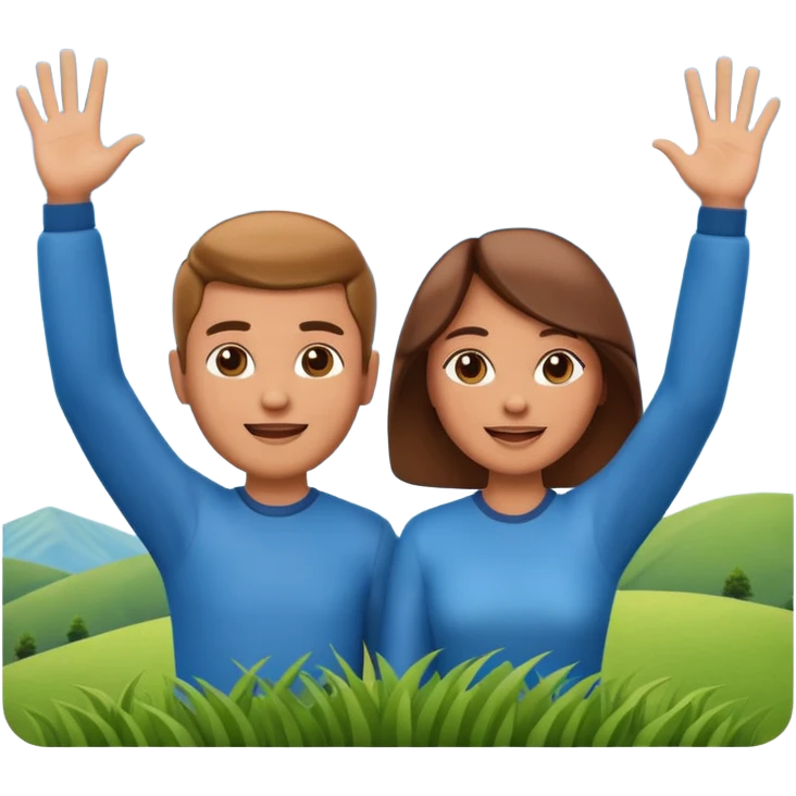 A 3D cartoon couple on top of a hill raising hands in victory, sunny sky and nature background, Memoji-style. emoji