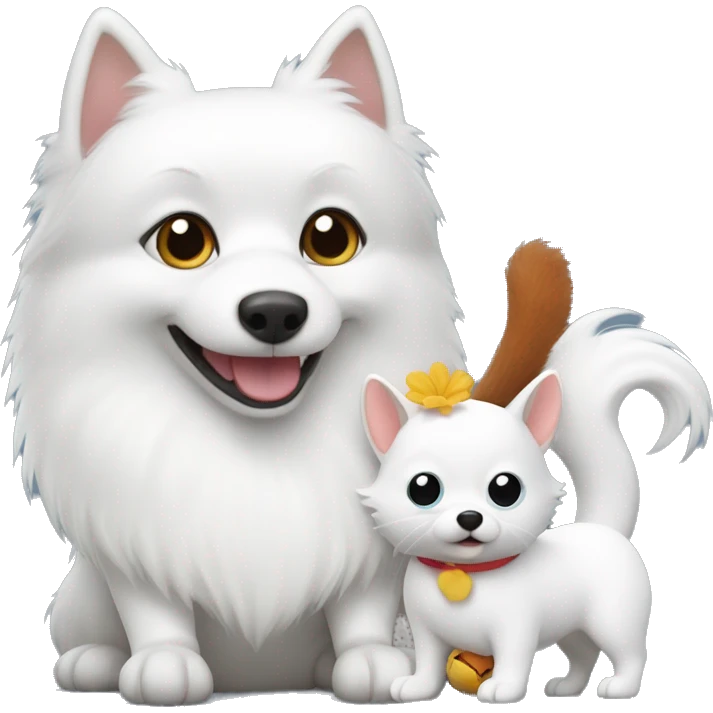 white spitz with a toy squirrel emoji