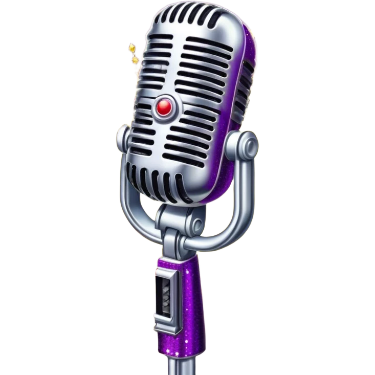 Create a glamorous and vibrant emoji representing stage vocal performance. The design should feature a humanless collage of classic vintage microphone, stage costume covered in rhinestones, sparkling brightly. The costume should be stylized, with glittering elements like sequins and sparkles, and reflect the glitzy, extravagant nature of show business. The microphone should have a sleek, retro look with chrome or metallic accents. Use rich, dazzling colors like gold, silver, deep purple, and bright red to evoke the glamorous, larger-than-life feel of a stage performance. The background should be transparent. emoji