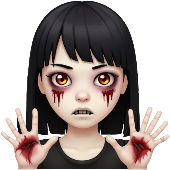 uma menina zumbi com cabelo preto e liso e uma franja. ela tem um estilo meio emo e com as mãos para frente com uma cara assustadora  emoji