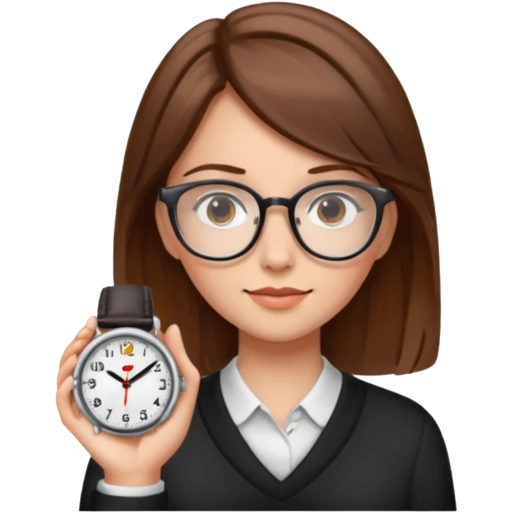 chica castaña con lentes y un reloj emoji