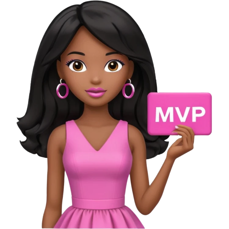 Black barbie, long black  hair, pink dress holding mvp sign  emoji