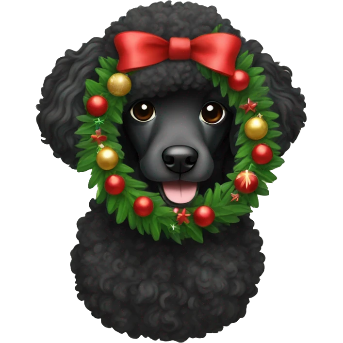 Black poodle with a Christmas wreath emoji