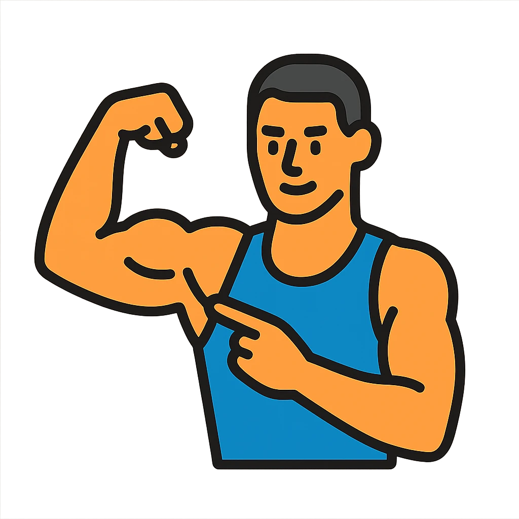  a very strong sportsman boasting his huge arm muscles. Pointing to them. emoji