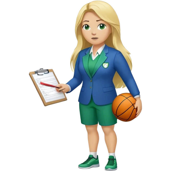 Full Body white plus size female basketball head coach using a clipboard with long blonde hair in a blue and green suit emoji