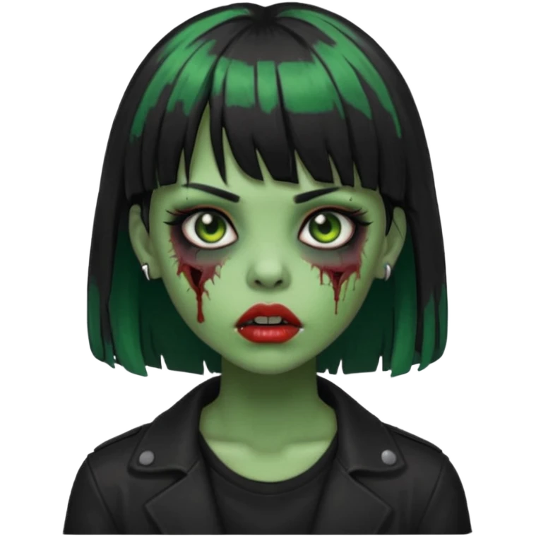 garota zumbi(cor de pele verde), com cabelos pretos e franja, roupa preta e com piercing na boca  emoji