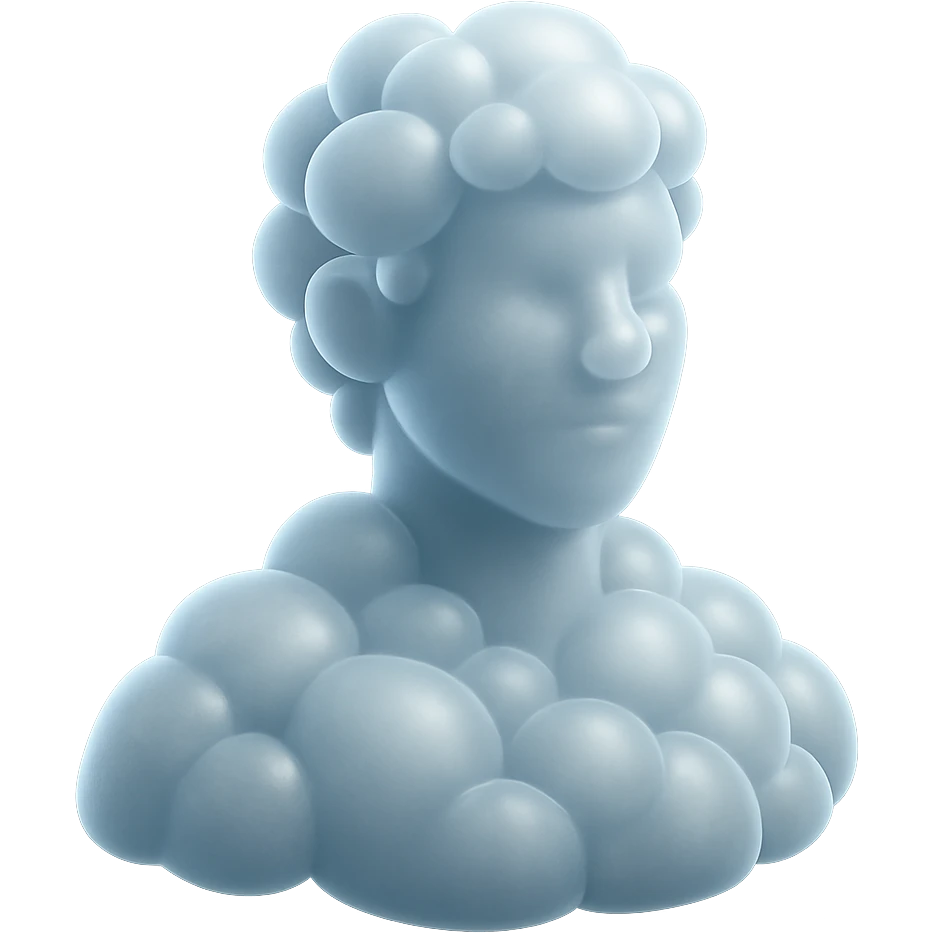 person made entirely of bright, convex clouds, shoulder-up, looking straight emoji