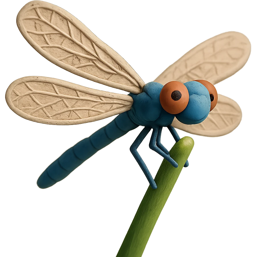 claymation style close-up of a dragonfly on a reed, detailed wings, gentle background emoji