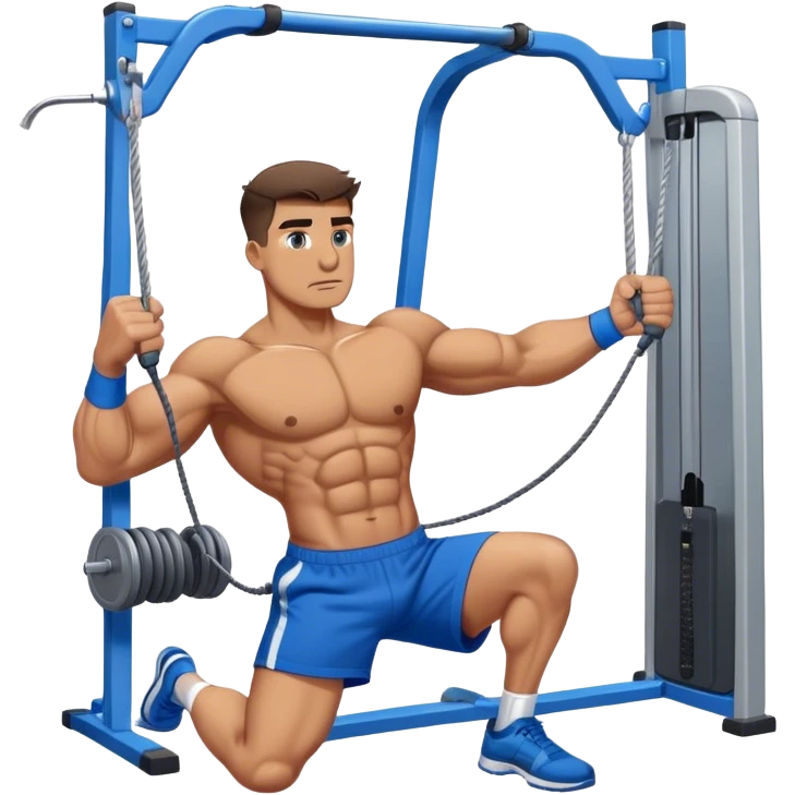 buff man with blue shorts using cable face-pull machine emoji