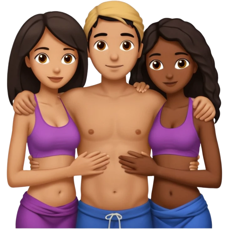 middle Eastern man with two African girlfriends he is 5 inches taller than them. They are rubbing his chest and holding each other breasts and he has his arms wrapped around them around their waist on their butts. emoji