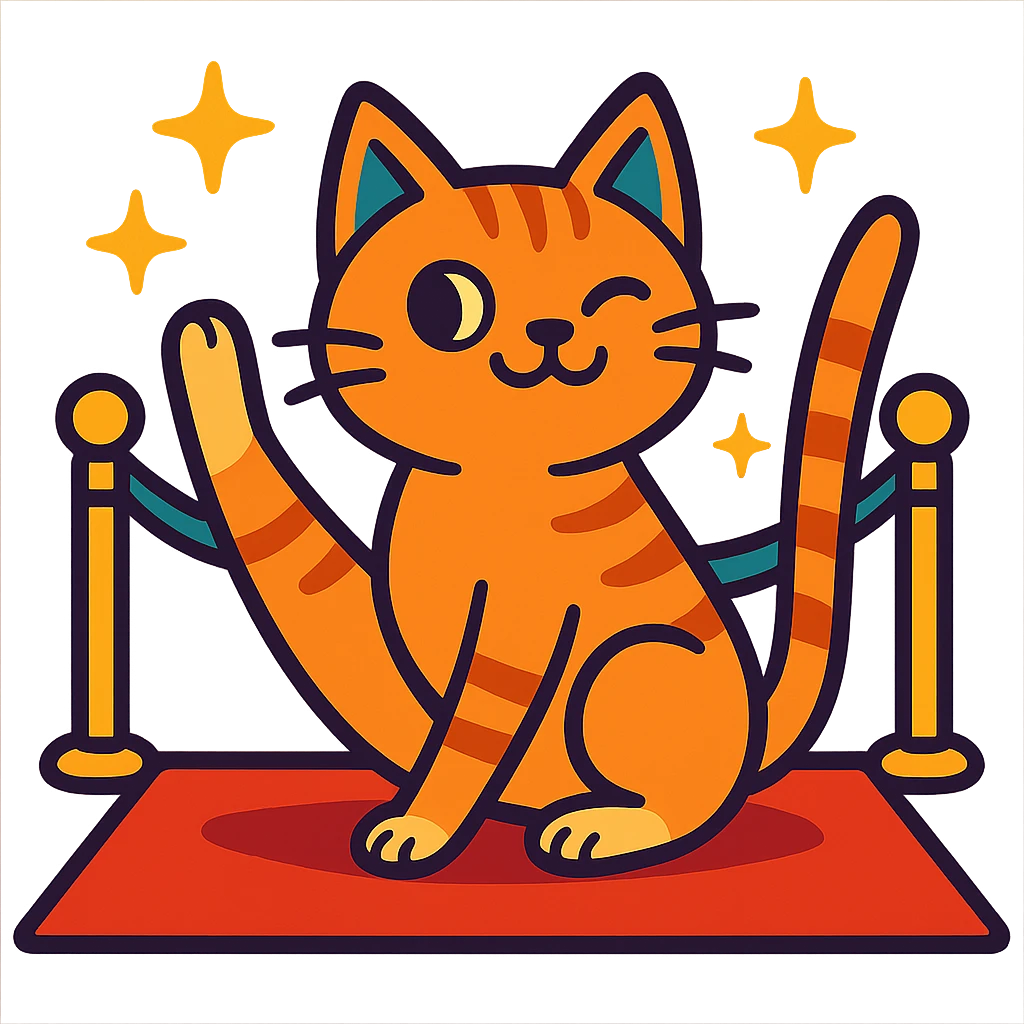 a cat on a red carpet, posing like a celebrity, vibrant cartoon style emoji