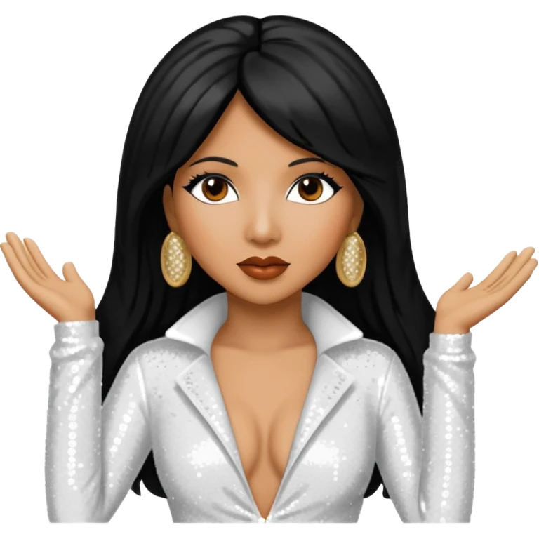 Toni Braxton with long black hair, white sequin outfit emoji